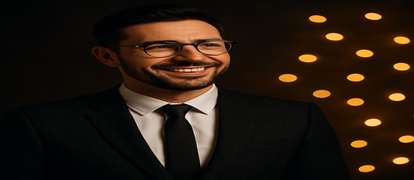 কালো স্যুটে সেজে থাকা এক আত্মবিশ্বাসী ব্যক্তি, চারপাশে ছড়িয়ে থাকা সোনালি আলো — 999 apk