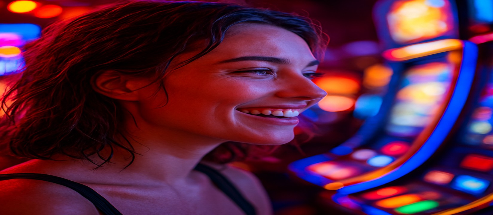 রঙিন আলোতে 999 apk এর সাথে আর্কেড গেম খেলার সময় হাসিখুশি নারী